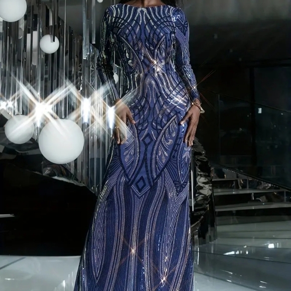 Sophisticated Long Sleeve High Neckline Sequin Formal Gown - Picture 12 of 13